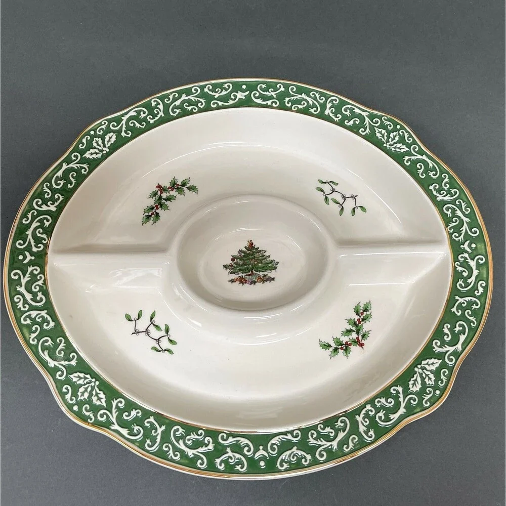 Spode Christmas Tree Oval Embossed Divided Platter Holly Berries Retails $100‎
